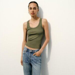 NWT Zara Ribbed Cotton Tank in Olive Green Size M